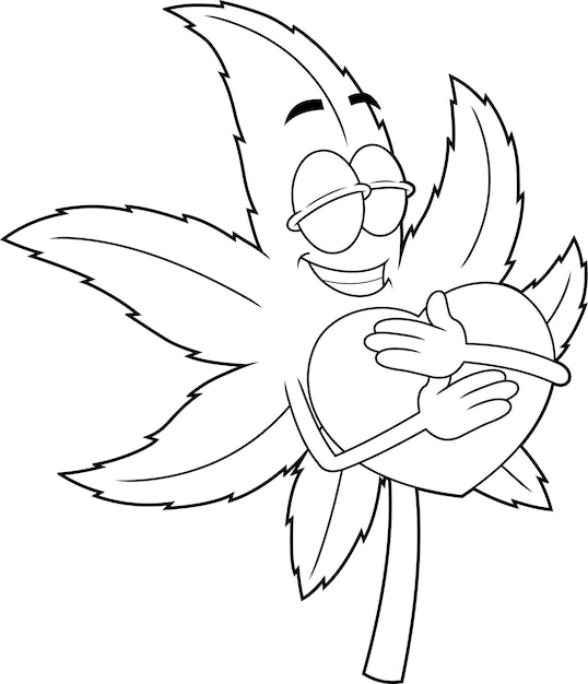 Outlined Happy Marijuana Leaf Cartoon Character Hugging Heart