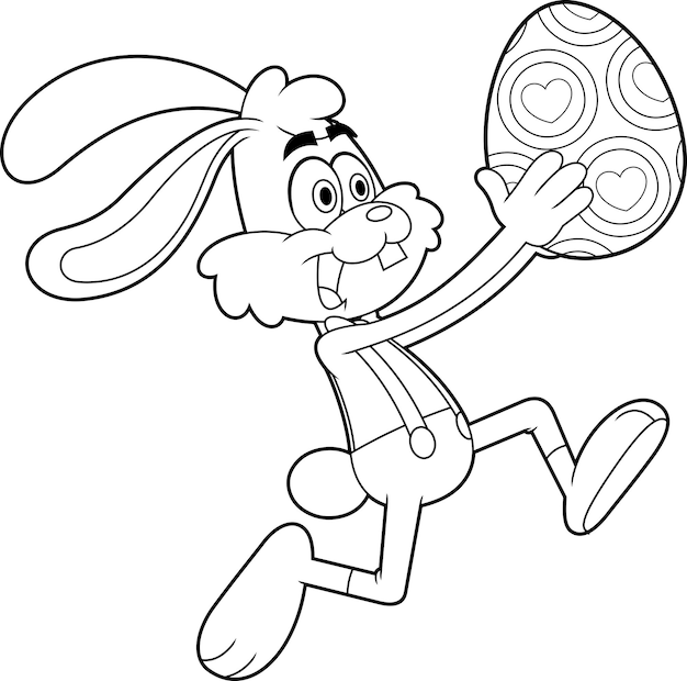 Очерченный счастливый кролик мультипликационный персонаж, бегущий с векторной иллюстрацией пасхального яйца