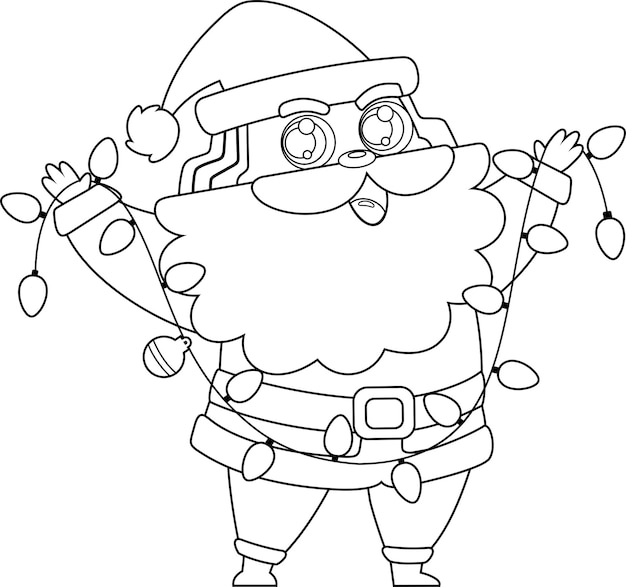 Outlined Happy Santa Claus Cartoon Character With Christmas Lights
