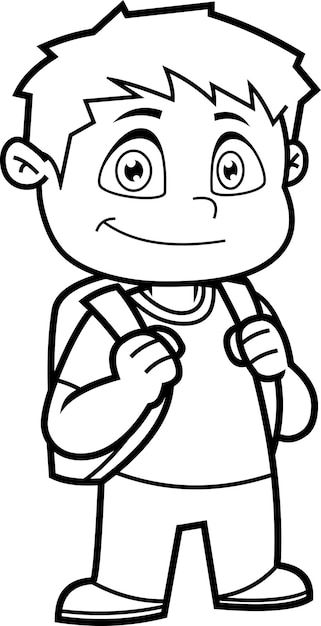 Outlined Happy School Boy Cartoon Character With Backpack