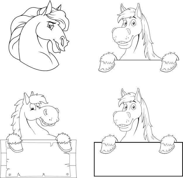 Vector outlined horse cartoon mascot characters over a blank sign board vector collection set