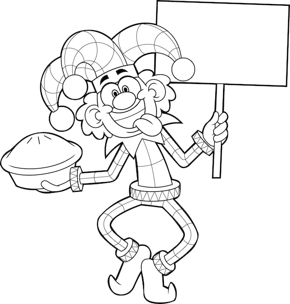 Outlined Jolly Jester Cartoon Character With Cake For Smear Face And Blank Sign