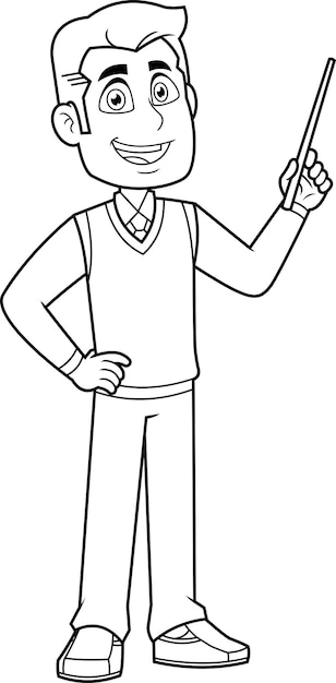 Outlined Male Teacher Cartoon Character Holding A Pointer And Speak