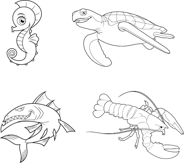 Outlined ocean or sea animals cartoon characters different poses. vector hand drawn collection set