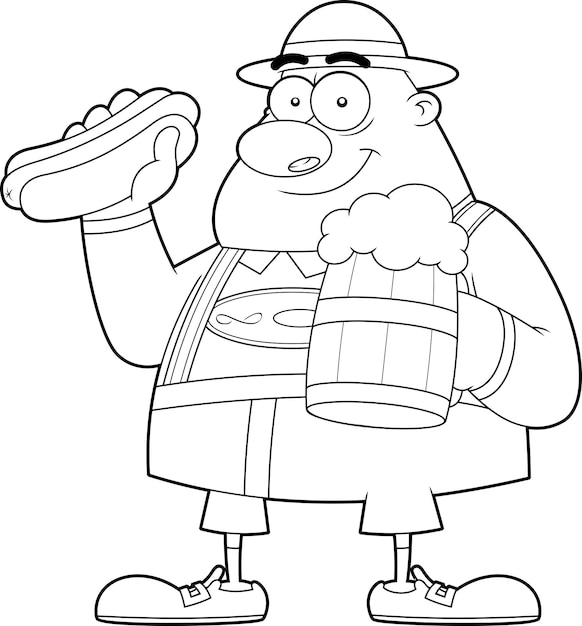 Outlined Oktoberfest Man Cartoon Character With A Mug Of Beer And HotDog