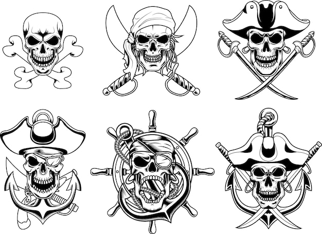 Outlined Pirate Skull Graphic Logo Design Vector Hand Drawn Collection Set