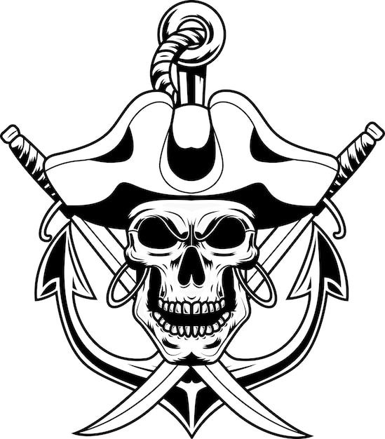 Outlined Pirate Skull With Two Sabres Over Anchor Graphic Logo Design