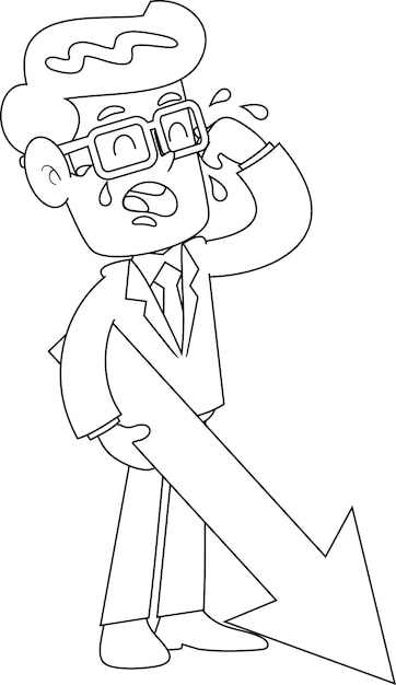 Outlined Sad Businessman Cartoon Character Crying And Holding Arrow Down