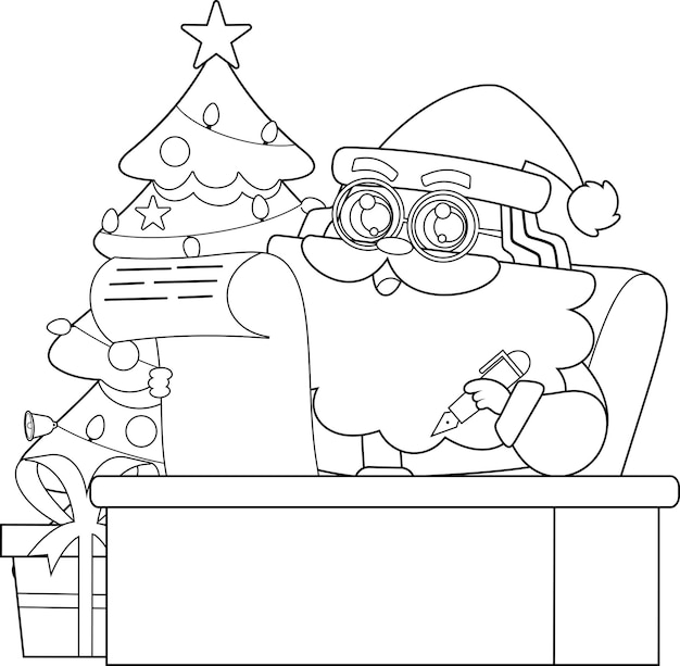 Outlined santa claus cartoon character checking his paper scroll list