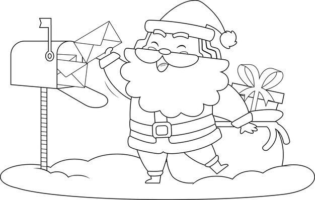 Очерченный персонаж мультфильма Санта-Клауса берет письма из векторной иллюстрации почтового ящика