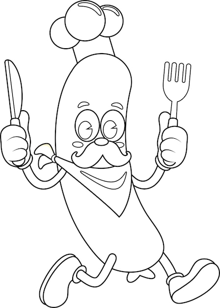Outlined Sausage Chef retro cartoon personage met mes en vork lopen