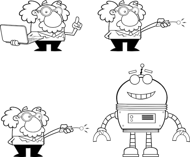 Outlined Science Professor Cartoon Character Poses Vector Hand Drawn Collection Set