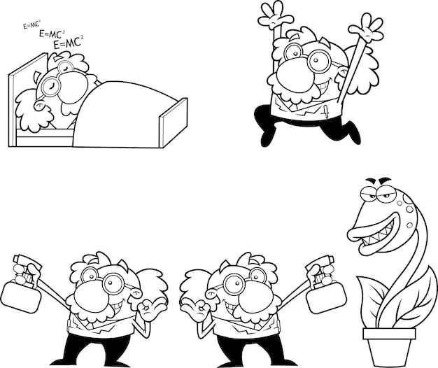 Outlined Science Professor Cartoon Character Poses Vector Hand Drawn Collection Set
