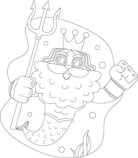 Outlined Sea God Poseidon Neptune Cartoon Character Swims Underwater With Trident