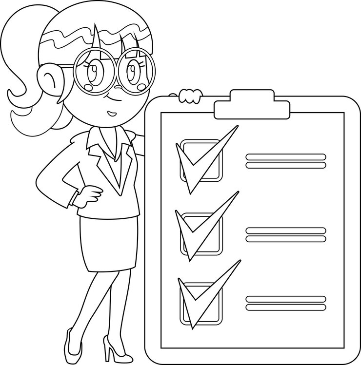 Vector outlined smiling business woman cartoon character holding a big clipboard