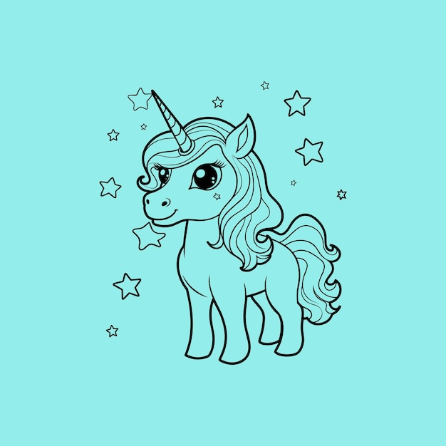 Outlined smiling unicorn Vector line art illustration coloring page