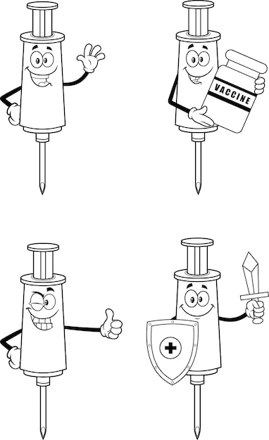 Outlined Syringe Vaccine Cartoon Character In Different Poses. Vector Hand Drawn Collection Set