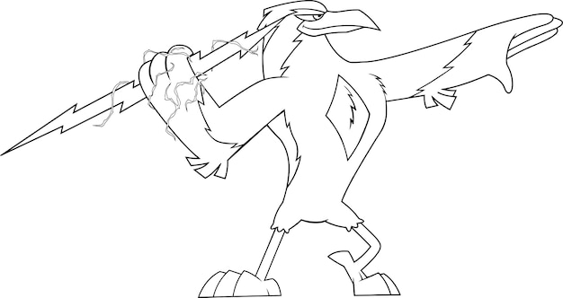 Outlined thunderbird bird cute cartoon character holding a big hunderbolt. illustration