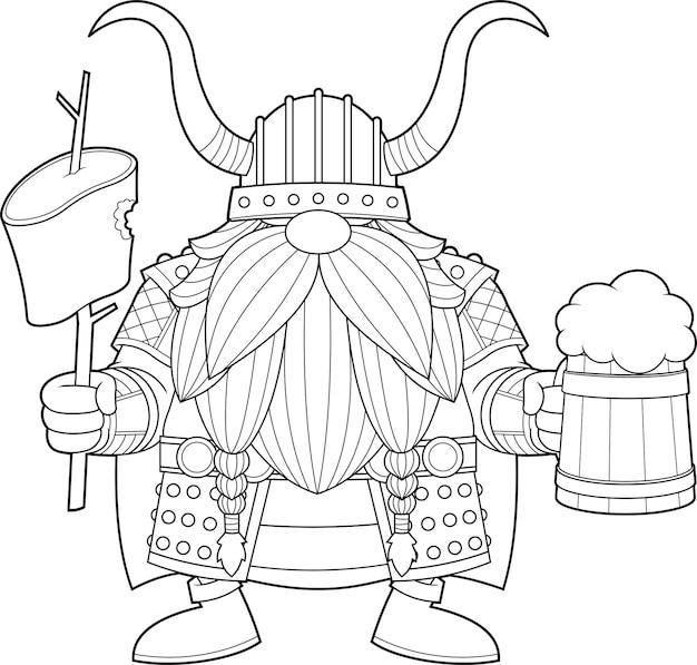 Outlined Warrior Cartoon Character Holding Meat On A Stick And A Mug Of Beer