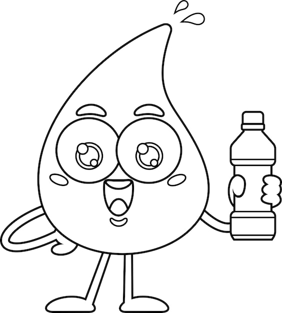 Outlined Water Drop Cartoon Character Present Pure Water Bottle