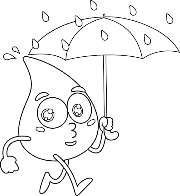 Outlined Water Drop Cartoon Character Walking With Umbrella Under The Rain