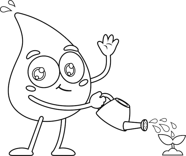 Очерченные капли воды Карикатурный персонаж поливает растение Вектор Ручная иллюстрация