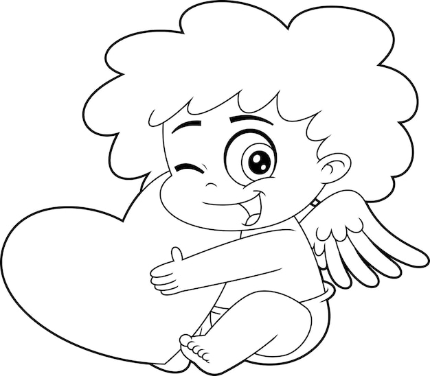 Outlined Winking Cupid Baby Cartoon Character Holding Heart