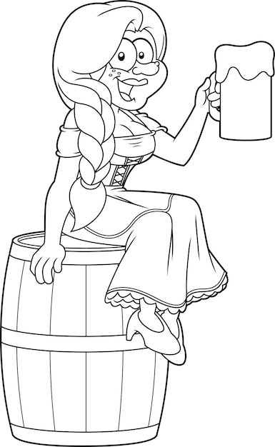 Outlined Woman Cartoon Character In Traditional Bavarian Clothes Sitting On A Barrel