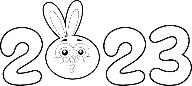 Outlined Year Year Of The Rabbit Zodiac With Funny Bunnie Head Cartoon Characters And Numbers