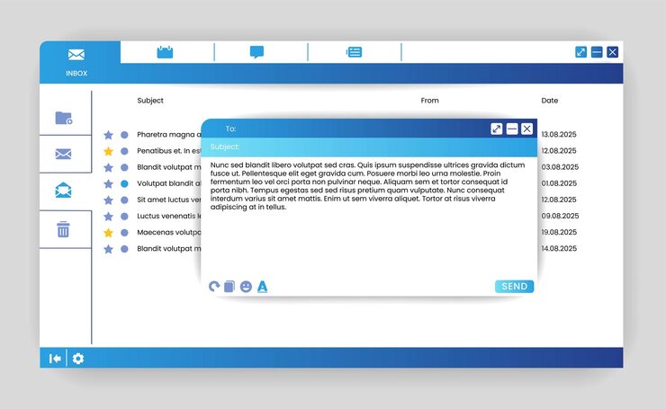 Vector outlook 郵箱 收件箱 電子郵件接口 電腦 ui 筆記本電腦覽器的互聯網應用程式 商業信件的地址和主題 網絡通訊 矢量線上郵件設計