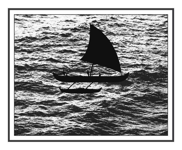 Vector outrigger kano in het oceaanwater proa boot silhouet in de stormachtige zee