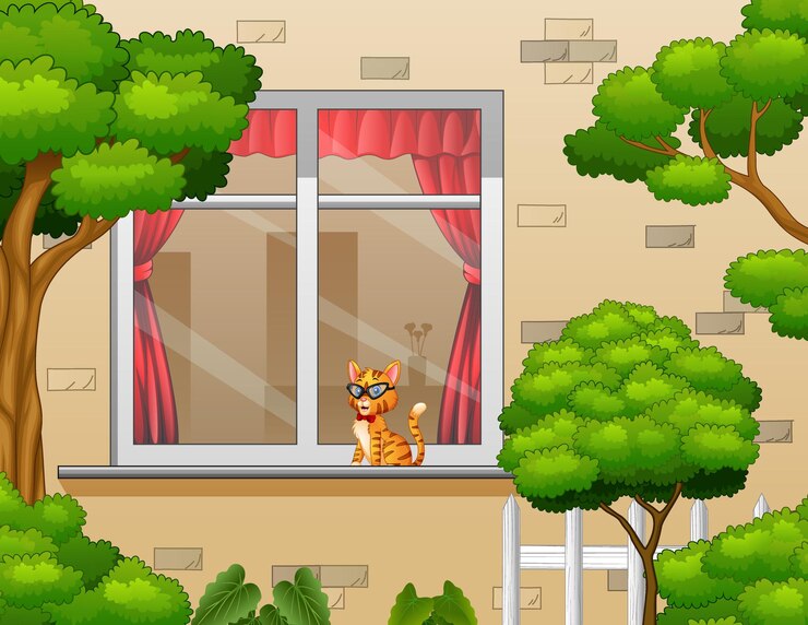 वेक्टर outside view with a cat in the window