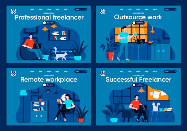 Set di pagine di destinazione piane di lavoro in outsourcing. designer e sviluppatori che lavorano nelle scene di home office per siti web o pagine web cms. illustrazione di libero professionista professionale e di successo sul posto di lavoro remoto