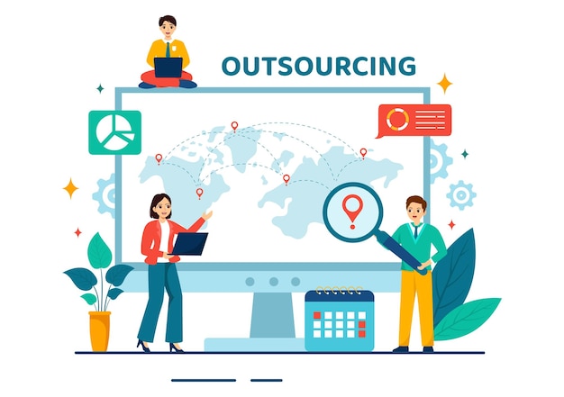 Illustrazione del vettore di business dell'outsourcing con l'idea di lavoro di squadra investimento nello sviluppo dell'azienda