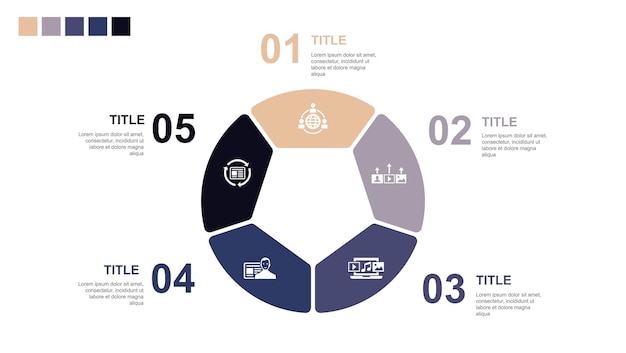 Outsourcing strategia dei contenuti contenuti digitali creatore di contenuti icone di ottimizzazione dei contenuti modello di layout di progettazione infografica concetto di presentazione creativa con 5 passaggi