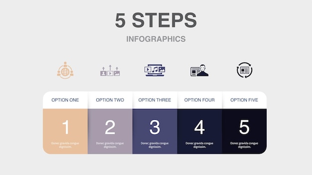 Vector outsourcing content strategy digital content content creator content optimization icons infographic design template creative concept with 5 steps