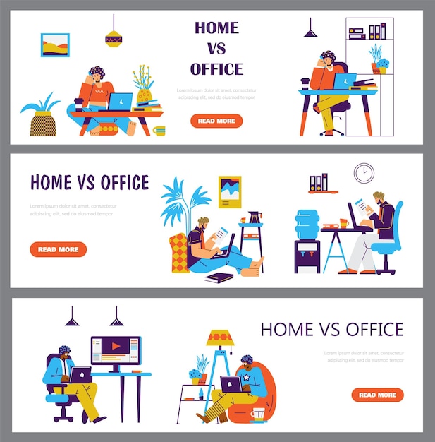 Vector outsourcing and freelance occupation benefits vs office work flat vector