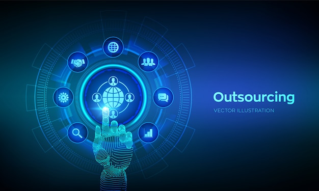 Vector outsourcing and hr. social network and global recruitment. global recruitment business and internet  on virtual screen. robotic hand touching digital interface.  illustration.