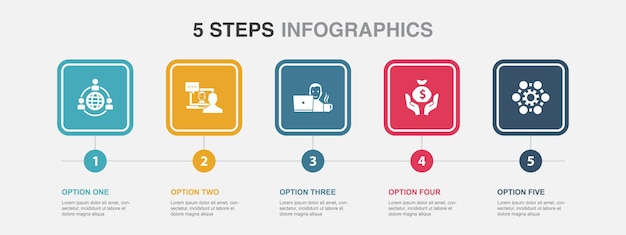 Outsourcing online interview freelance costsaving Business process icons Infographic design template Creative concept with 5 steps