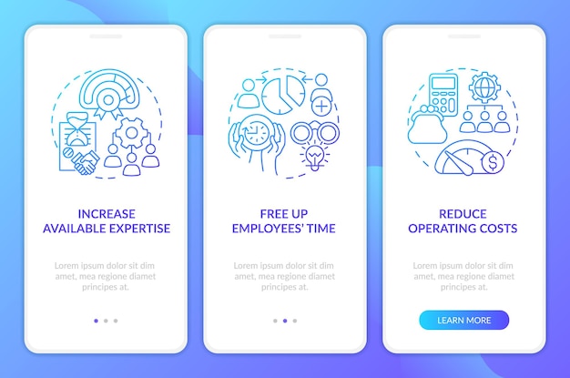 Outsourcing pros for business process blue gradient onboarding mobile app screen