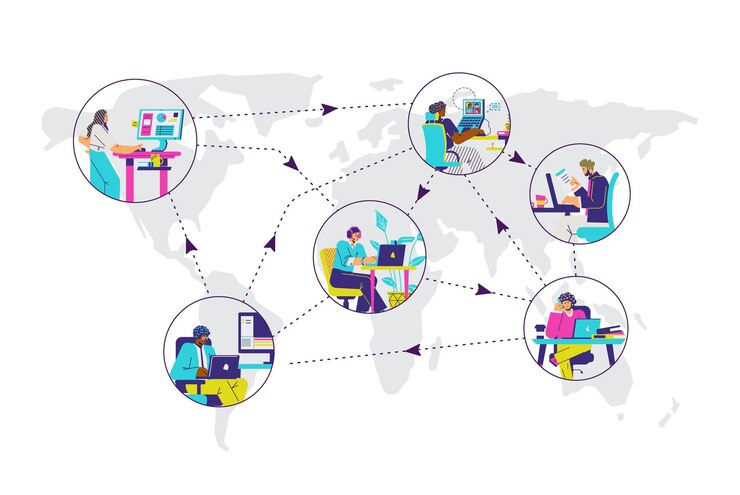Vector outsourcing van wereldwijde diensten van werken op afstand platte vectorillustratie geïsoleerd