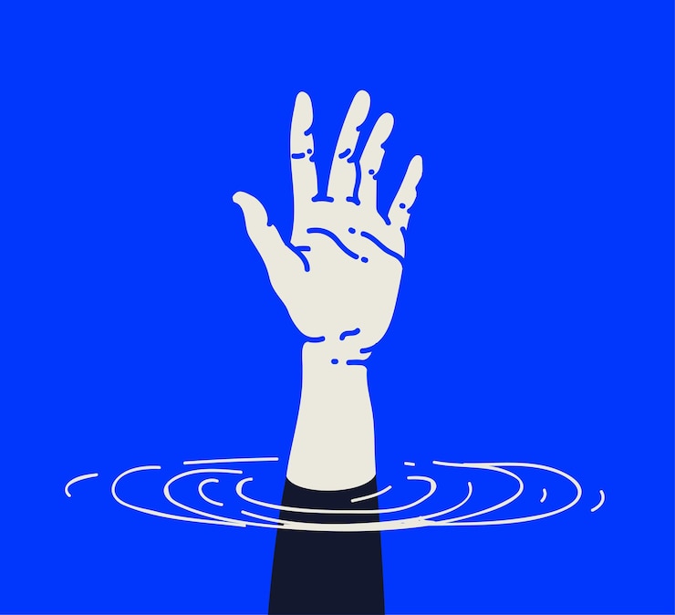 Vector outstretched drowning human hand in need of urgent help or support crisis concept