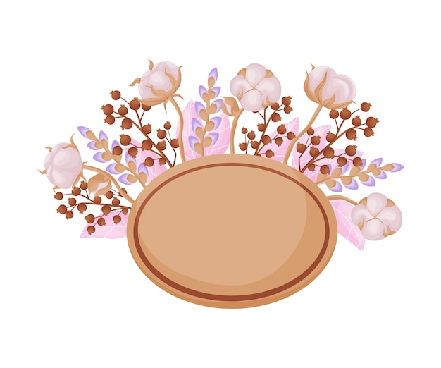 Vector oval brown plate is decorated with cotton branches with pink leaves and fruits vector illustration on white background