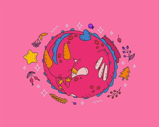 Oval composition with decorative natural elements and the symbol of the Chinese New Year 2024 the dragon A cute character for designing children's clothing printing and interior items Vector