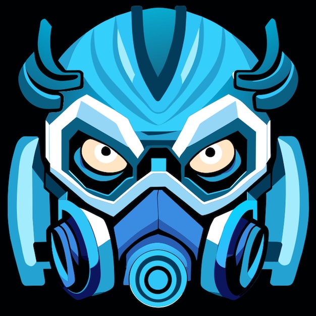 the oval face of a turquoisecolored robot with glowing bluecolored eyes with a gas mask covering