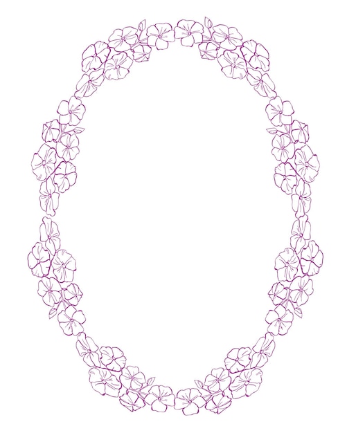 Oval floral vintage draw frame vector illustration Hand drawn phlox Purple Floral border