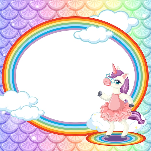 Vector oval frame template on rainbow fish scales background with unicorn cartoon character