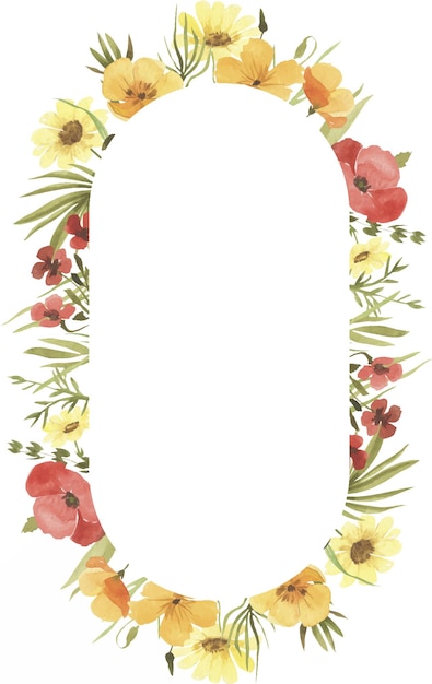 Vector oval frame of watercolor field poppies and yellow flowers