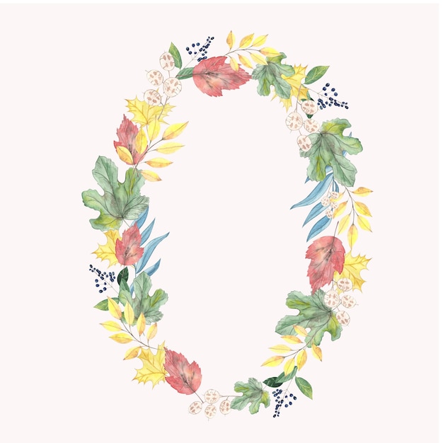 Oval frame wreath of watercolor autumn leaves.