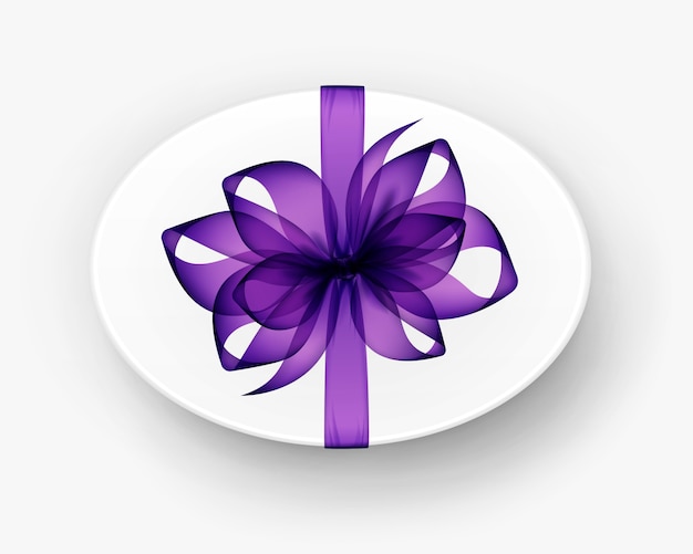 Vector oval gift box with purple bow and ribbon isolated